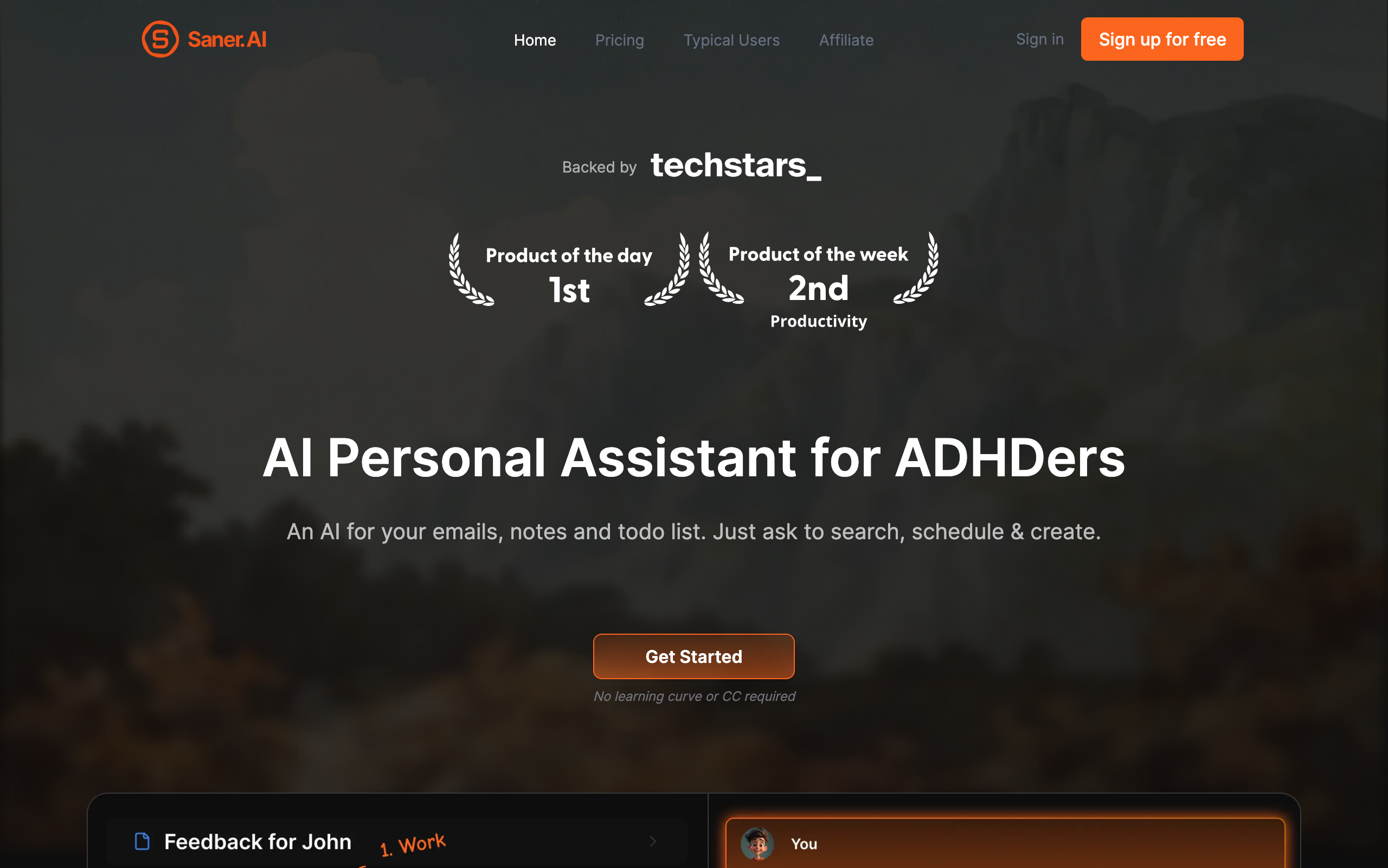 Saner AI workspace with notes and tasks