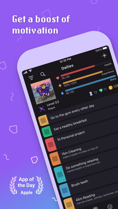 Habitica gamified habit tracker showing RPG-style dailies
