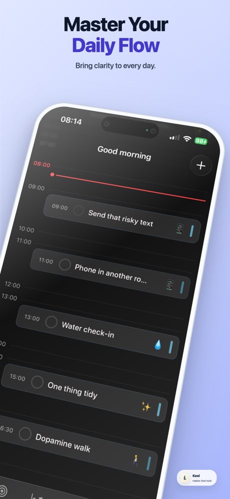 Keel habit tracker app showing daily planner view