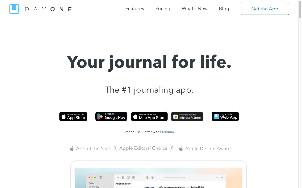 Day One journal app homepage