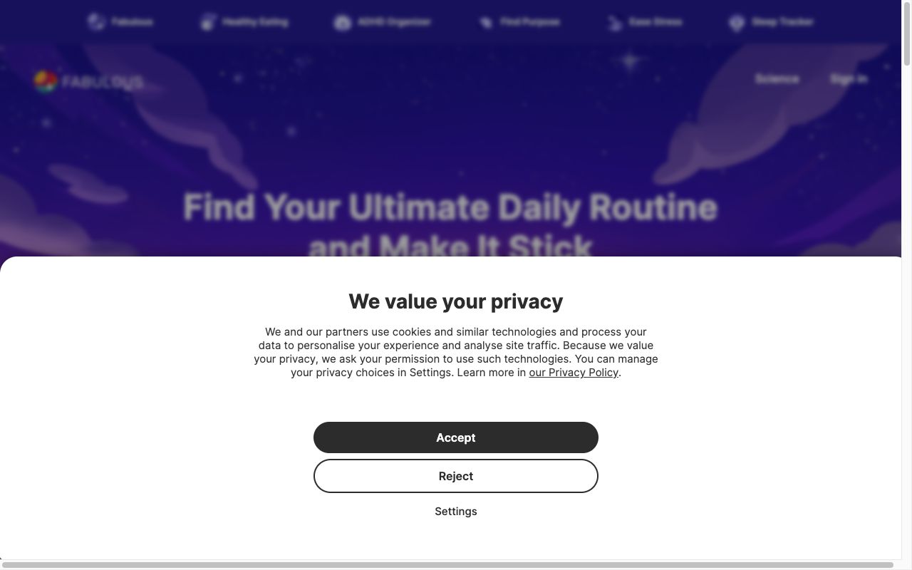 Fabulous routine-building app homepage