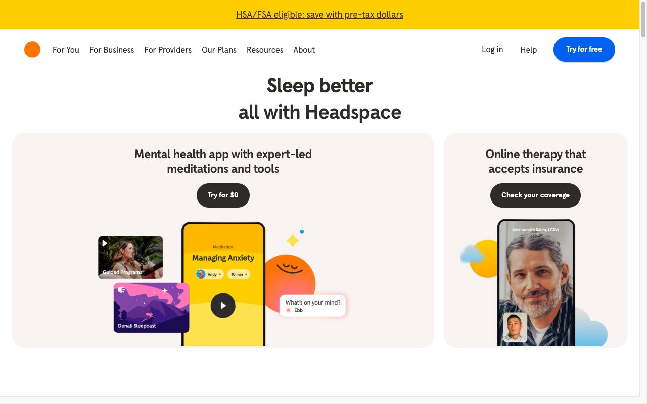 Headspace meditation app homepage showing app features