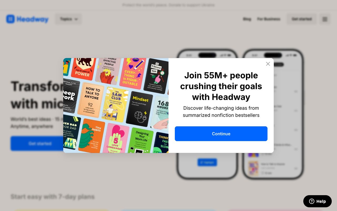 Headway book summary app homepage
