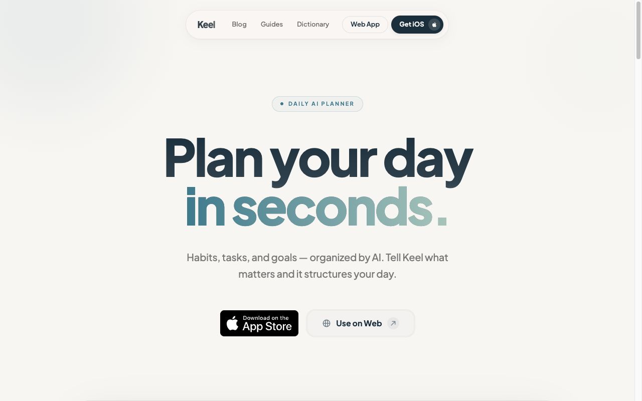 Keel habit tracker app showing bounce-back rate and daily planner